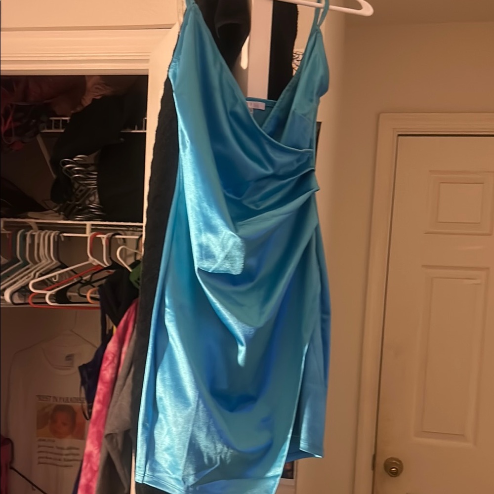 Blue Ruched Spaghetti Strap Mini Dress
